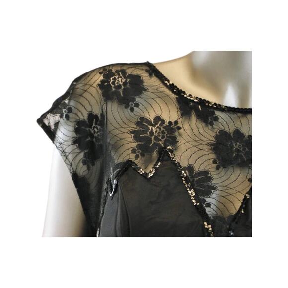 Vintage 1980s Orleon de Paris Black Dress with Floral Lace and Sequins Medium - Picture 3 of 6